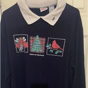 Bobbie Brooks Navy Blue Christmas Sweater Collar Embroidered Polo Size XL